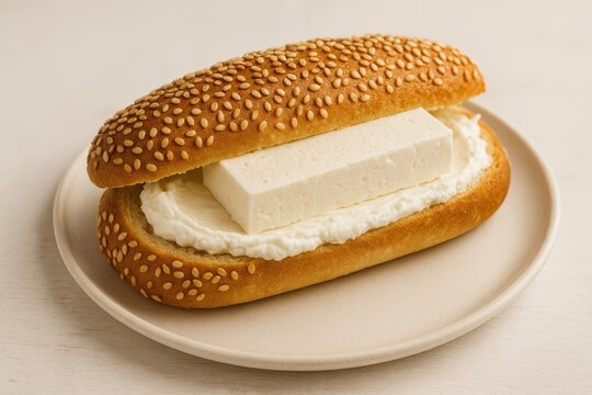 A savory Greek-style roll topped with cheese and spread, served as a specialty dish.