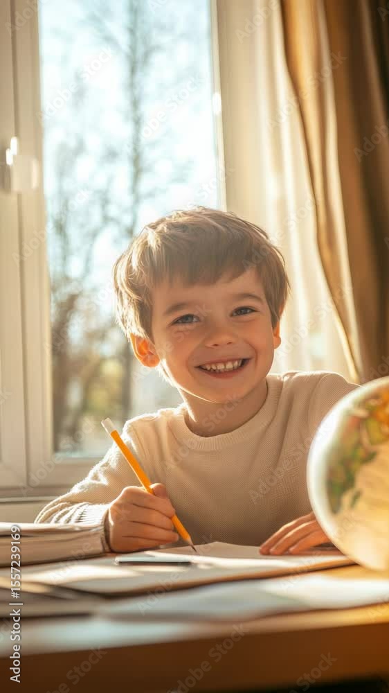 Aufkleber happy child studying geography using a globe and writing on a notebook with a pencil, sitting at a w
