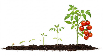 Tomato plant growth stages with ripe tomatoes and green leaves  
