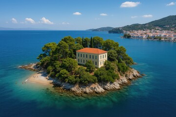 Bird's-eye view of a lush green islet on a tiny peninsula, featuring an historic school in a bustling port