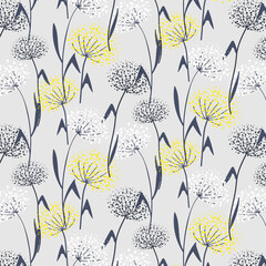 Pattern of stylized dandelions.Vector seamless pattern of stylized multicolored dandelions on gray.