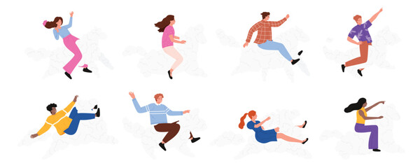 Happy people ride white cloud horses set. Flight of cute soft cotton pony with equestrian in air, funny man and woman riders riding bubble horses in blue sky heaven cartoon vector illustration