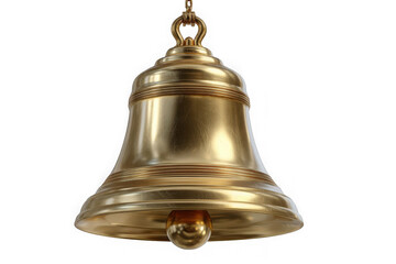 A gleaming polished brass bell suspended by a golden chain against a white background
