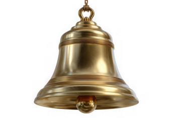 A gleaming polished brass bell suspended by a golden chain against a white background