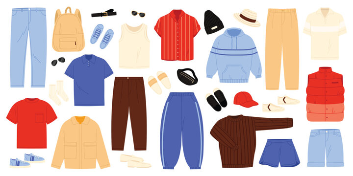 Men fashion clothes for casual outfit set. Summer spring fall season wardrobe collection with jeans pants shirt bag shoes jacket sweater sweatshirt cap vest backpack cartoon vector illustration