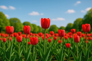 Fototapeta premium Stunning Flower Garden with Vibrant Tulips Against a Crimson Sunset in Spring