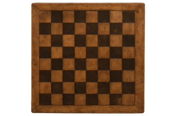 Wooden chessboard with alternating dark and light squares, shot from above on transparent background, ready for playing