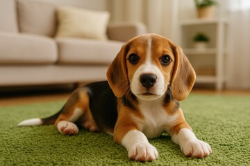 A beagle resting on a lush green rug