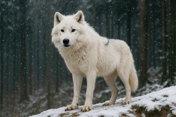 Fototapeta premium A snowy hilltop with a lone Arctic wolf amidst falling snowflakes