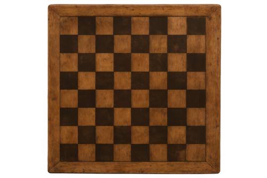 Wooden chessboard with alternating dark and light squares, shot from above on transparent background, ready for playing