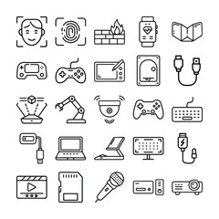 Collection of Technology and Security Icons in Black and White Outline Style
