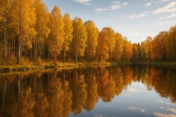 Fototapeta premium Golden leaves mirrored in tranquil water