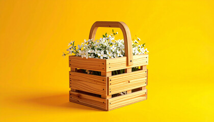 White Flowers in Wooden Basket on Yellow Spring Background – 3D Floral Decoration Rendering

