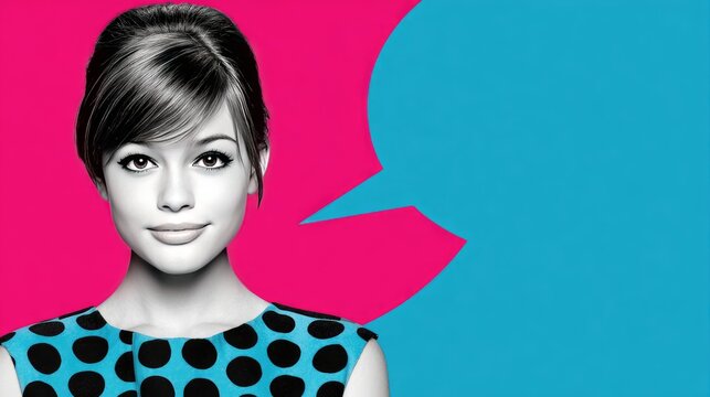 Pop Art Style Woman with Speech Bubble on Vibrant Pink and Blue Background