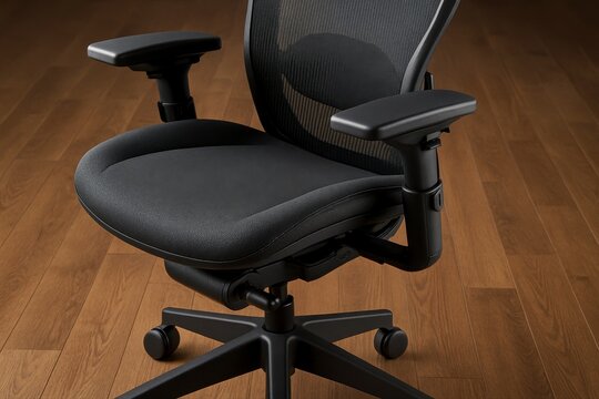 Close up of a black office chair on a wooden floor in a studio shot