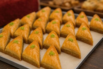 Delicious triangular baklava pastry on display at the festival