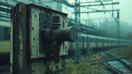 Rusted control box near train tracks in fog
