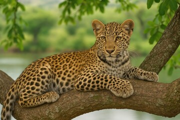 Elegant young leopard relaxing on a branch