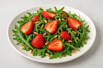 Colorful salad featuring fresh strawberries and arugula, topped with crunchy toasted pine nuts, served on a white dish with a soft grey background