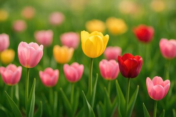 Obraz premium Close-up of vibrant spring tulips in a flower bed