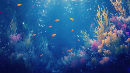 Serene underwater scene shows vibrant coral reefs with tiny golden fish swimming gracefully in the deep blue ocean.