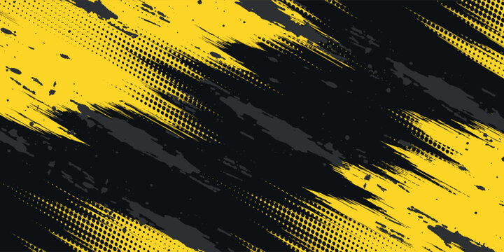 Abstract Geometric Yellow Frame Grunge Texture With Halftone Pattern Design In Black Background