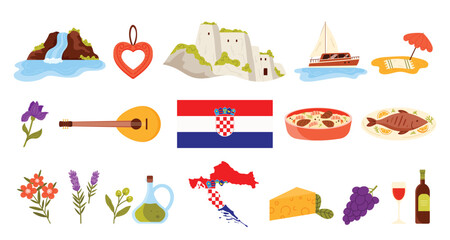 Travel to Croatia set, culture elements and Croatian architecture and nature landmarks. Seafood and grilled fish, buildings of Old Town, map and flag of Croatia, wine cartoon vector illustration