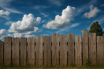 Fototapeta premium Rustic timber barrier set against a striking azure sky