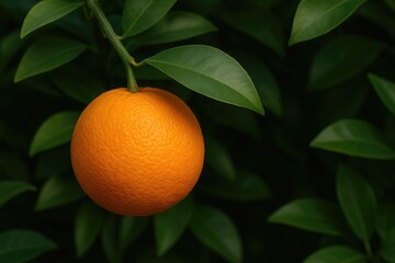 Orange fruit hanging from a branch with lush green leaves in the background