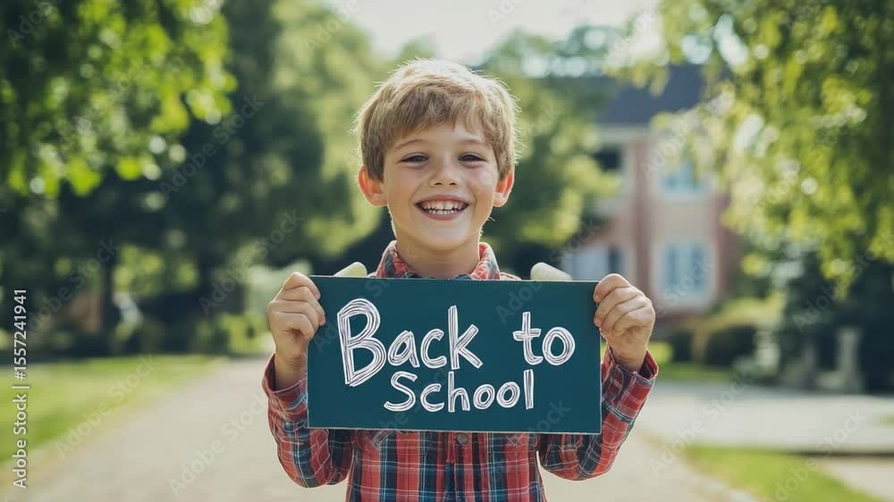 Poster happy elementary school student holding a sign with the words back to school written on it, smiling 
