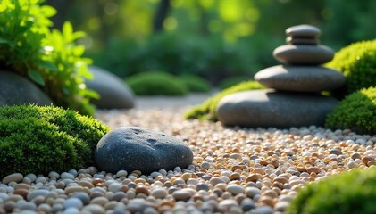 Serene Zen Garden Raked Gravel, Carefully Placed Rocks, Moss, Peaceful Atmosphere, Ideal for Mindfulness, Meditation, Relaxation, and Spiritual Well-being