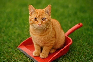 Tangerine feline resting in a dustpan