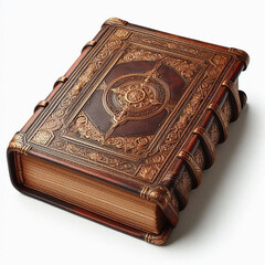  Thick Leather-Bound Book with Gold Embossing and Weathered Spine, Isolated on a Pure White Background as an Antique Literature Object of Classic Elegance