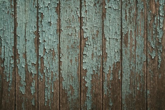 A weathered wooden surface featuring aged planks and peeling paint
