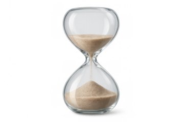 Sand trickling through vintage glass timer, representing temporal flow against neutral backdrop