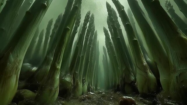 Rows of green asparagus spears reaching upwards into a misty sky