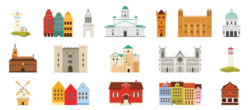 Traditional iconic buildings set from Scandinavian and Nordic regions, including lighthouses, castles, churches, and wooden houses. Represents regional architectural identity vector illustration.