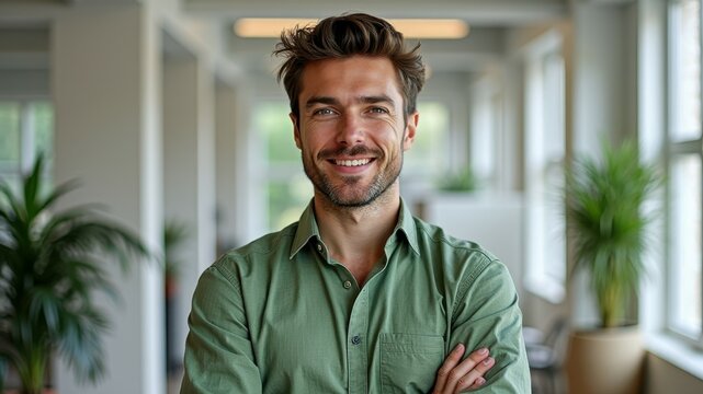 Smiling young caucasian male in green shirt in bright office with plants