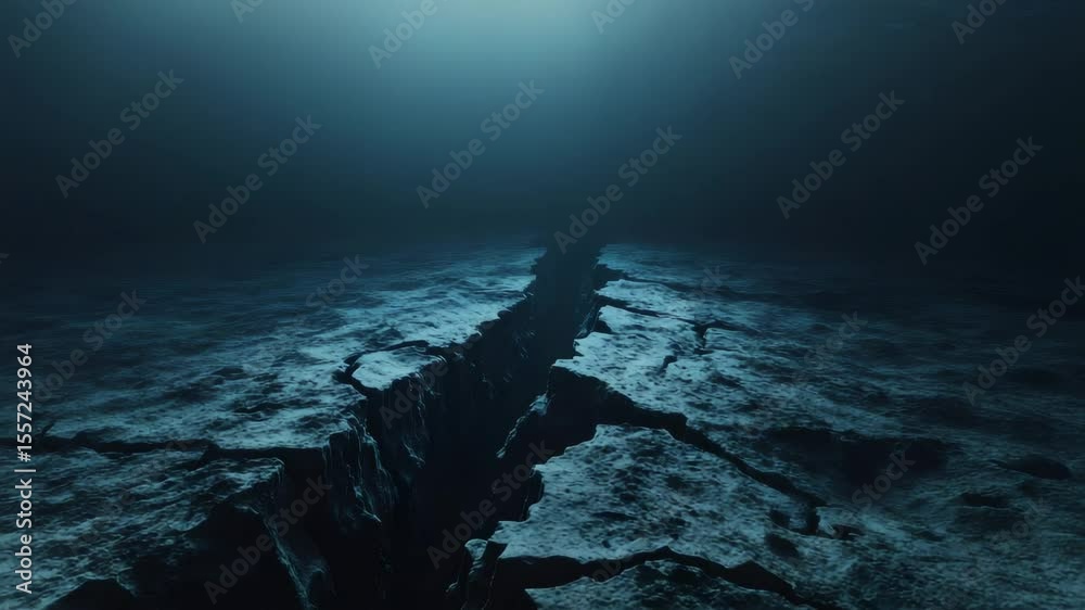 Poster Ground breaking apart with massive deep cracks widening into a chasm, demonstrating destructive seismic forces fracturing earth's surface during powerful geological event