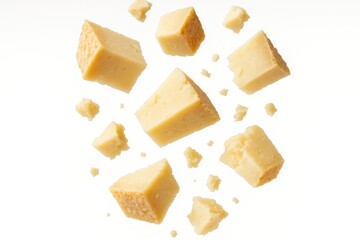 Chunks of delicious cheese cascading onto a plain white surface