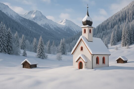 Adorable snowy church surrounded by tiny wooden cabins in a winter wonderland