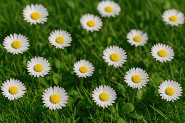 Fototapeta premium Close-up of tiny white and pink daisies in the grass
