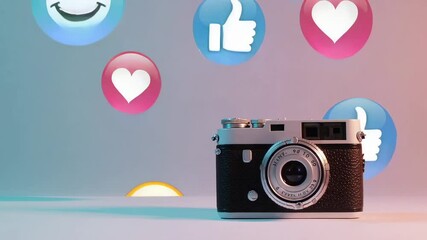 Emojis icons float around vintage camera, showing different reactions and interactions on social media platforms, representing positive feedback and engagement - Powered by Adobe