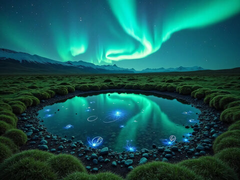 "A small round pool in the middle of a mossy field reflecting aurora waves in a clear night sky, surrounded by glowing stones and delicate light trails dancing on the surface, magical quiet dreamlike