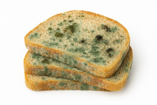 Moldy bread slices on a plain white surface