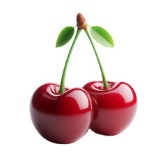  Twin Cherries with Connected Green Stems and Glossy Rich Red Skin, Isolated on a Pure White Background in a Minimalist Fresh Fruit Photography Style