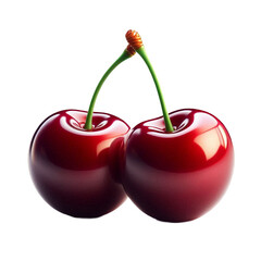  Twin Cherries with Connected Green Stems and Glossy Rich Red Skin, Isolated on a Pure White Background in a Minimalist Fresh Fruit Photography Style