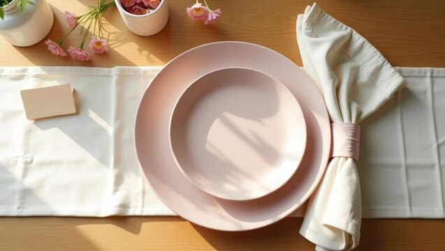 Elegant table setting with pink plates and white napkins adorned with pink flowers on a wooden table - Powered by Adobe