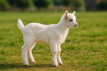 Obraz premium Single young goat standing alone in a rural setting, side perspective