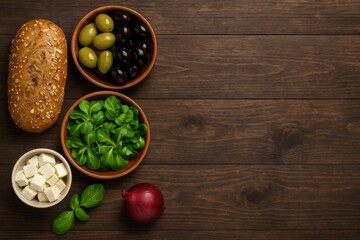 Mediterranean Appetizer Platter featuring Olives, Whole Grain Bread, Corn Salad, and Red Onion on Rustic Wooden Surface